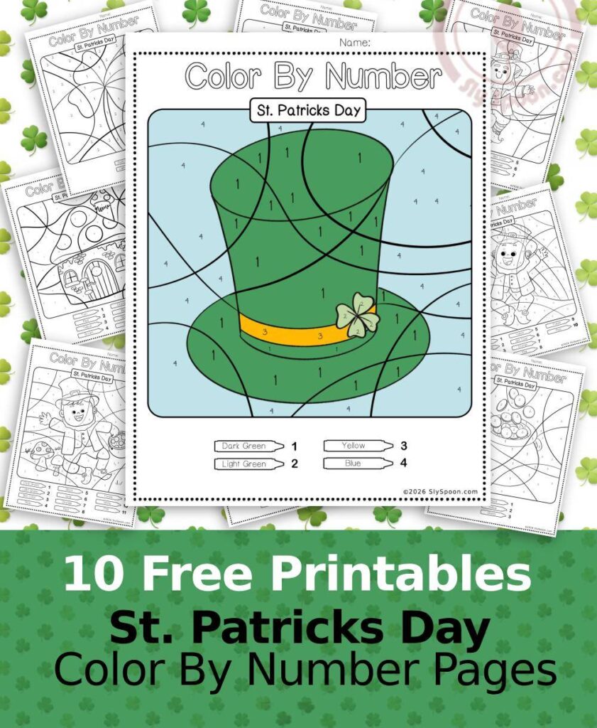 Free Printable Easy St. Patricks Day activity idea - Color By Number Worksheet featuring a cute Leprechaun design. Top Hat.