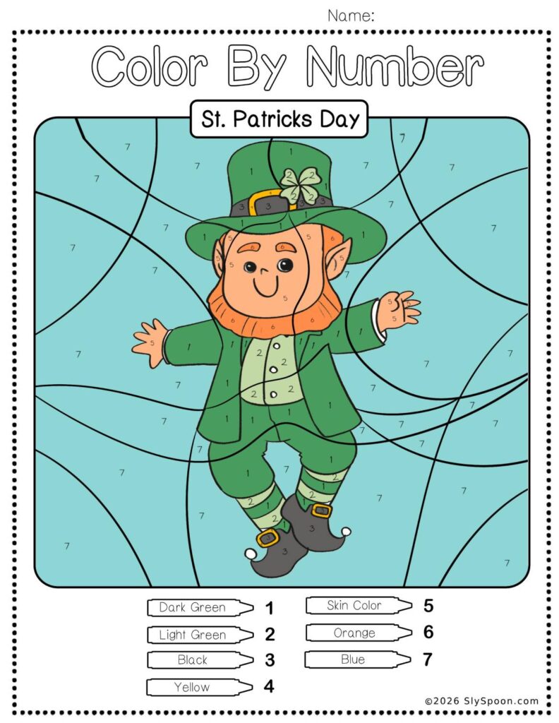 Free Printable Easy St. Patricks Day activity idea - Color By Number Worksheet featuring a cute leprechaun rainbow design.