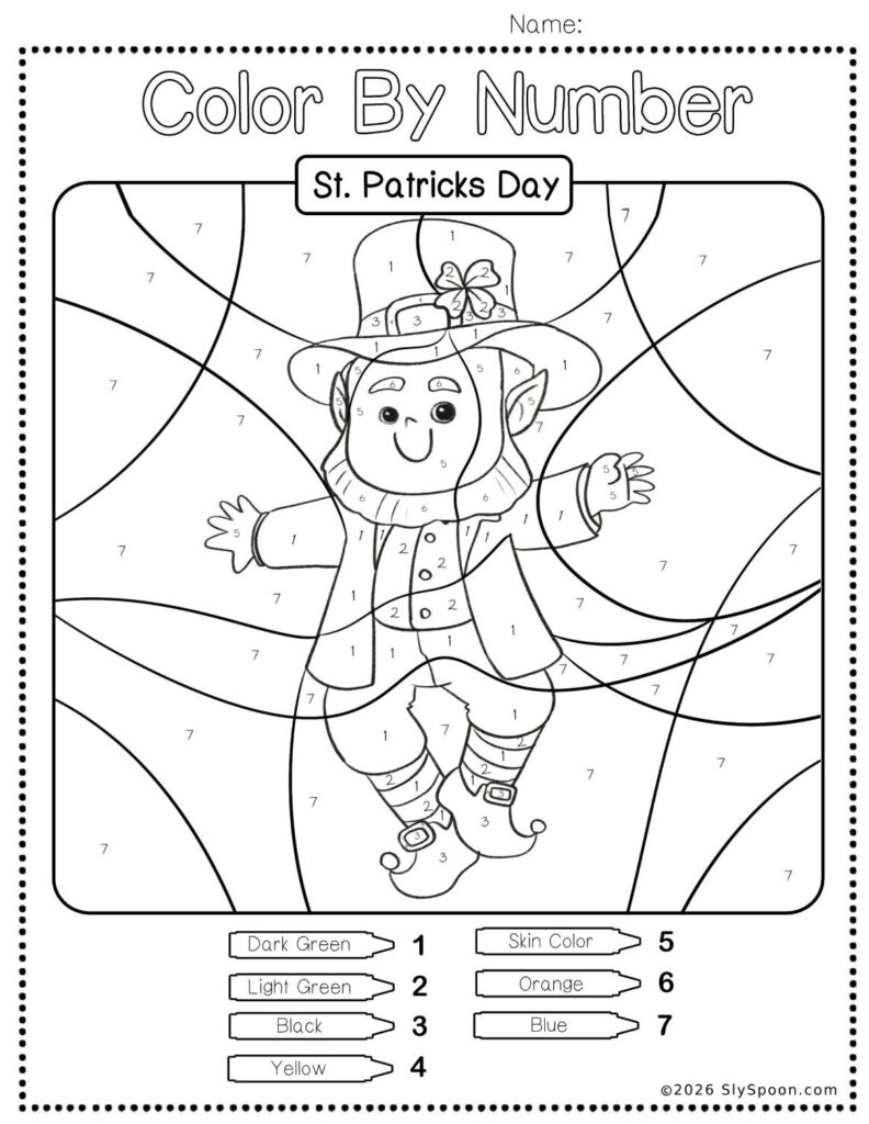 Free Printable Easy St. Patricks Day activity idea - Color By Number Worksheet featuring a cute leprechaun rainbow design.