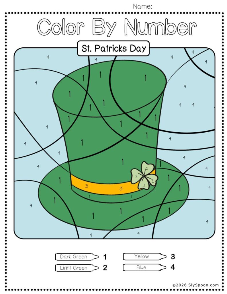 Free Printable Easy St. Patricks Day activity idea - Color By Number Worksheet featuring a cute leprechaun top hat design.