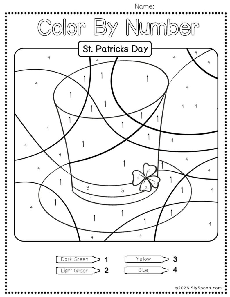 Free Printable Easy St. Patricks Day activity idea - Color By Number Worksheet featuring a cute leprechaun top hat design.