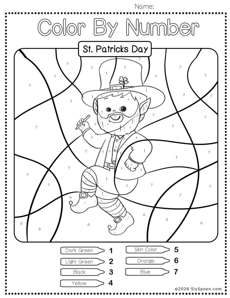 Free Printable Easy St. Patricks Day activity idea - Color By Number Worksheet featuring a cute leprechaun rainbow design.