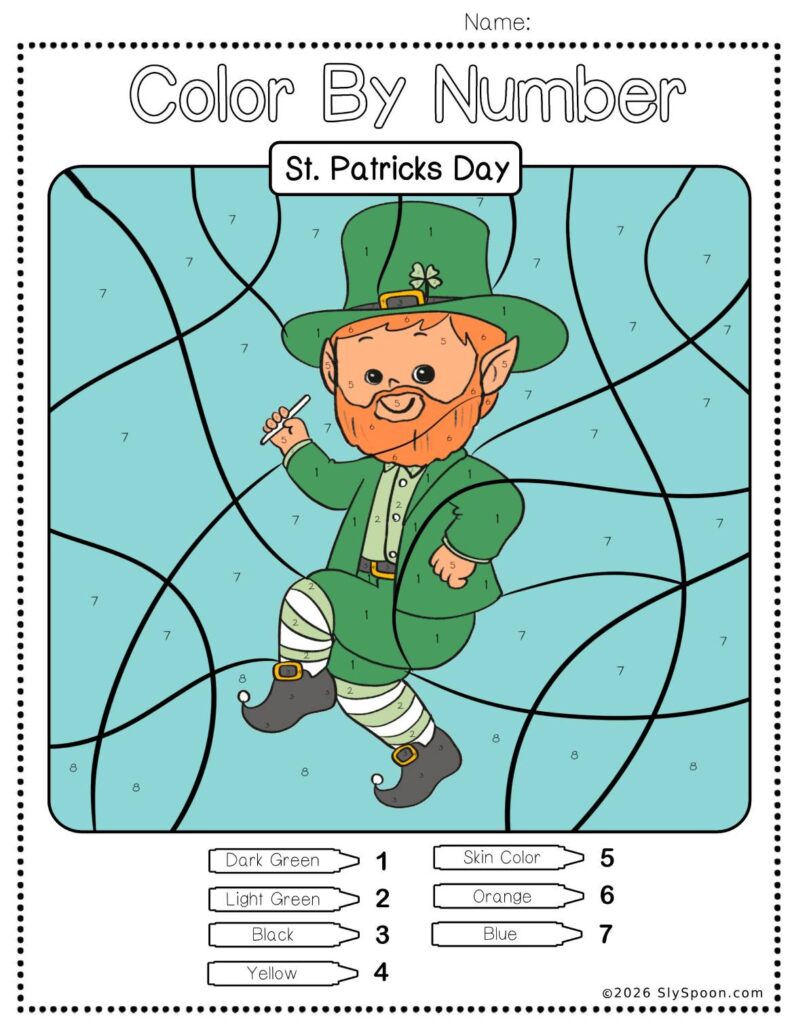 Free Printable Easy St. Patricks Day activity idea - Color By Number Worksheet featuring a cute leprechaun rainbow design.