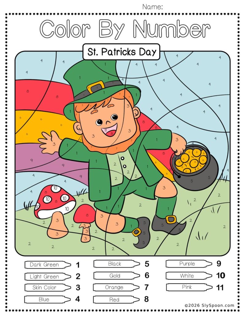 Free Printable Easy St. Patricks Day activity idea - Color By Number Worksheet featuring a cute leprechaun rainbow design.