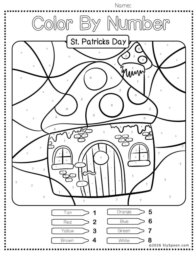 Free Printable Easy St. Patricks Day activity idea - Color By Number Worksheet featuring a cute leprechaun mushroom cottage design.