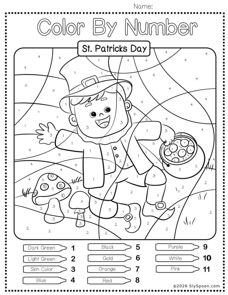 Free Printable Easy St. Patricks Day activity idea - Color By Number Worksheet featuring a cute leprechaun rainbow design.