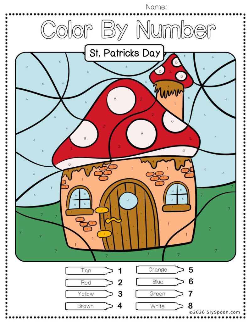 Free Printable Easy St. Patricks Day activity idea - Color By Number Worksheet featuring a cute leprechaun mushroom cottage design.