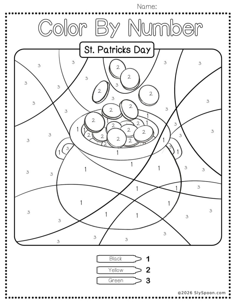 Free Printable Easy St. Patricks Day activity idea - Color By Number Worksheet featuring a cute pot of gold design.