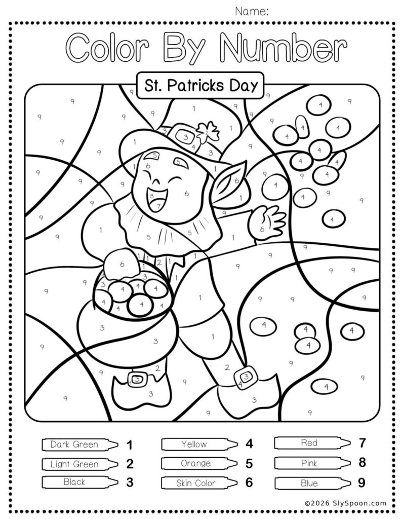 Free Printable Easy St. Patricks Day activity idea - Color By Number Worksheet featuring a cute leprechaun rainbow design.