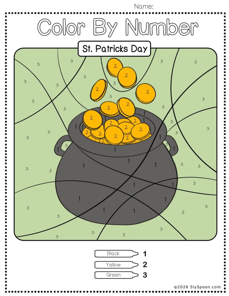 Free Printable Easy St. Patricks Day activity idea - Color By Number Worksheet featuring a cute pot of gold design.