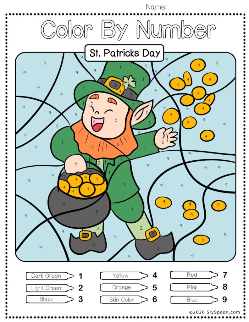 Free Printable Easy St. Patricks Day activity idea - Color By Number Worksheet featuring a cute leprechaun rainbow design.