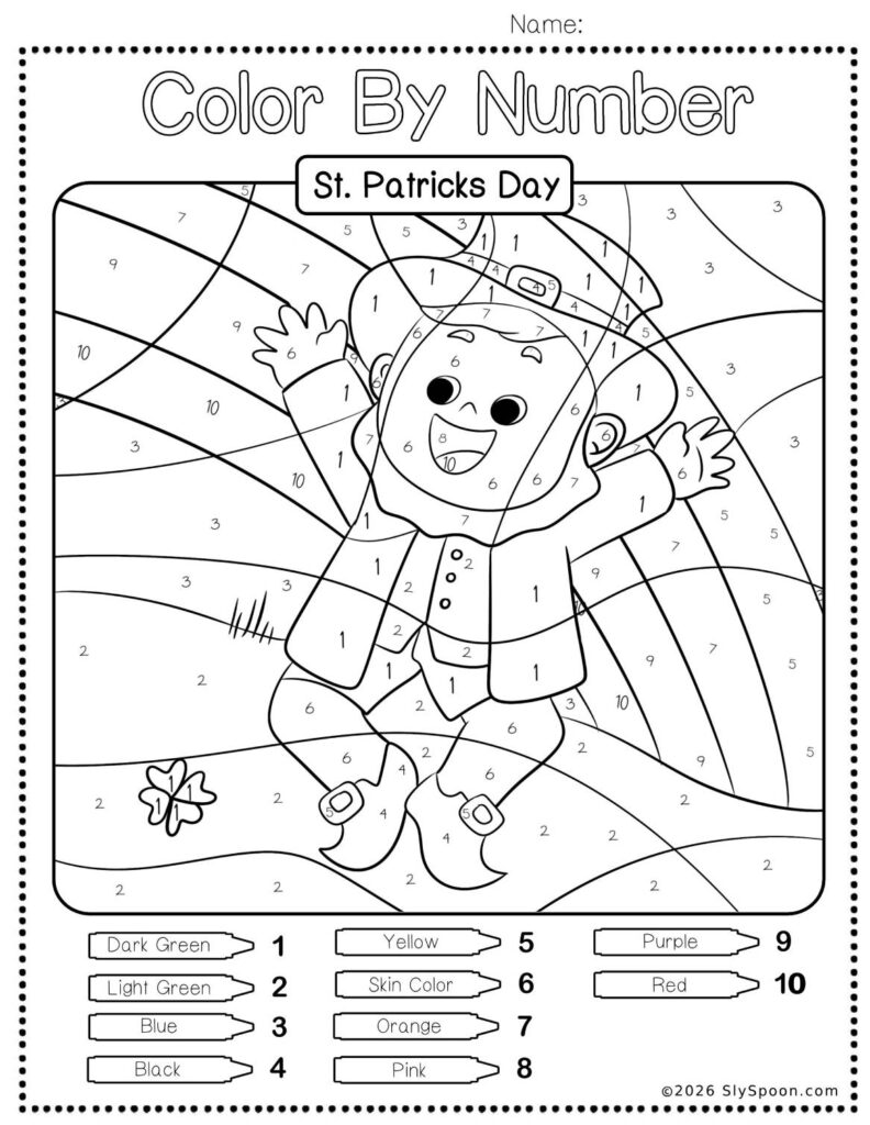 Free Printable Easy St. Patricks Day activity idea - Color By Number Worksheet featuring a cute leprechaun rainbow design.