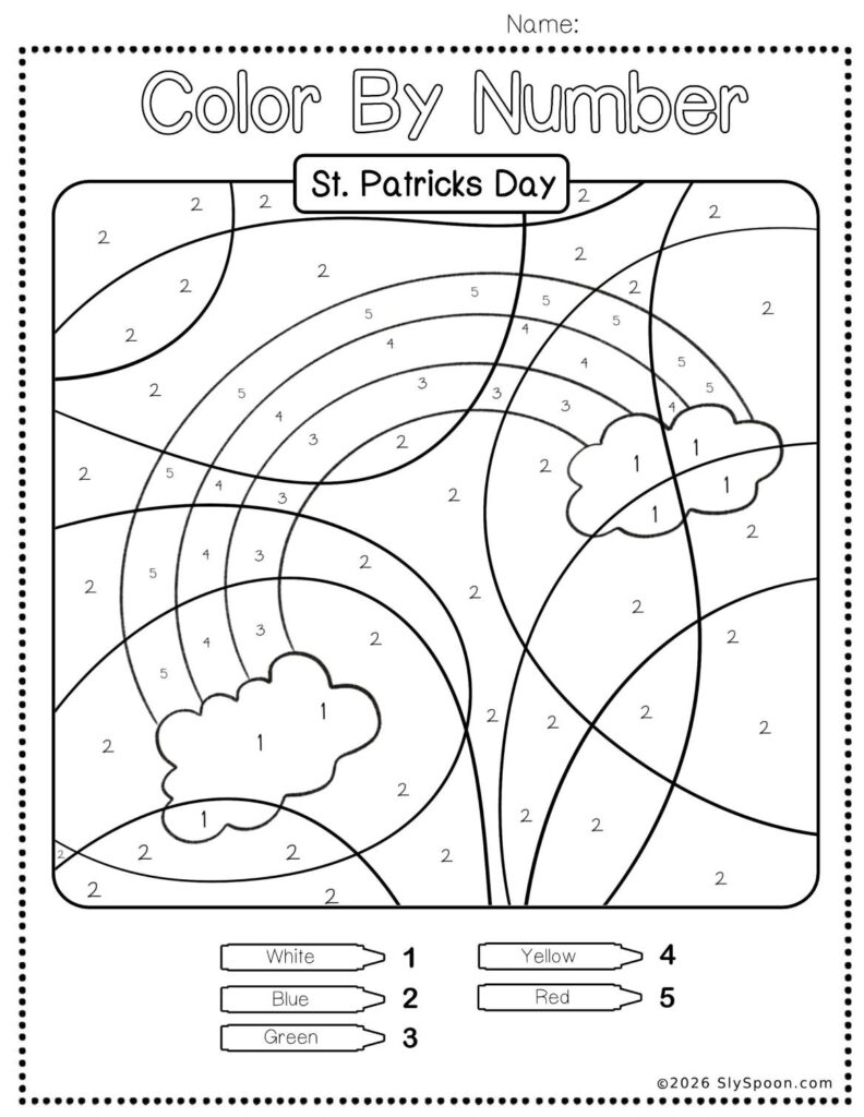 Free Printable Easy St. Patricks Day activity idea - Color By Number Worksheet featuring a cute rainbow design.