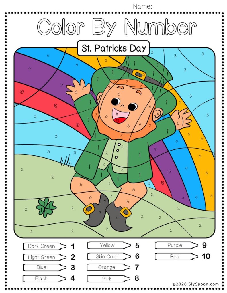 Free Printable Easy St. Patricks Day activity idea - Color By Number Worksheet featuring a cute leprechaun rainbow design.