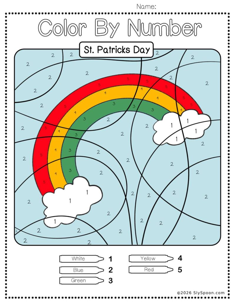Free Printable Easy St. Patricks Day activity idea - Color By Number Worksheet featuring a cute rainbow design.