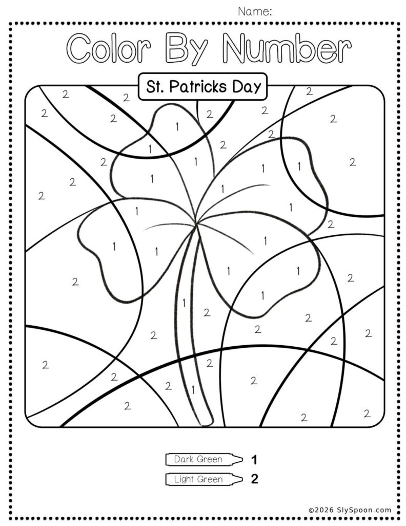 Free Printable Easy St. Patricks Day activity idea - Color By Number Worksheet featuring a cute Shamrock design. Clover. 4 leaf clover.