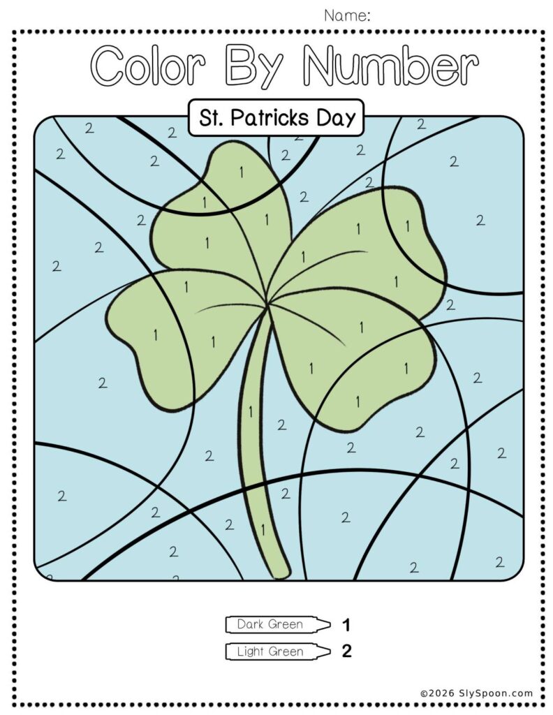 Free Printable Easy St. Patricks Day activity idea - Color By Number Worksheet featuring a cute Leprechaun design. Clover. Shamrock.