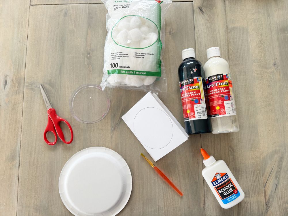 Supplies needed for paper plate Koala, paper plate, paint, cotton balls, glue, extra paper circles.