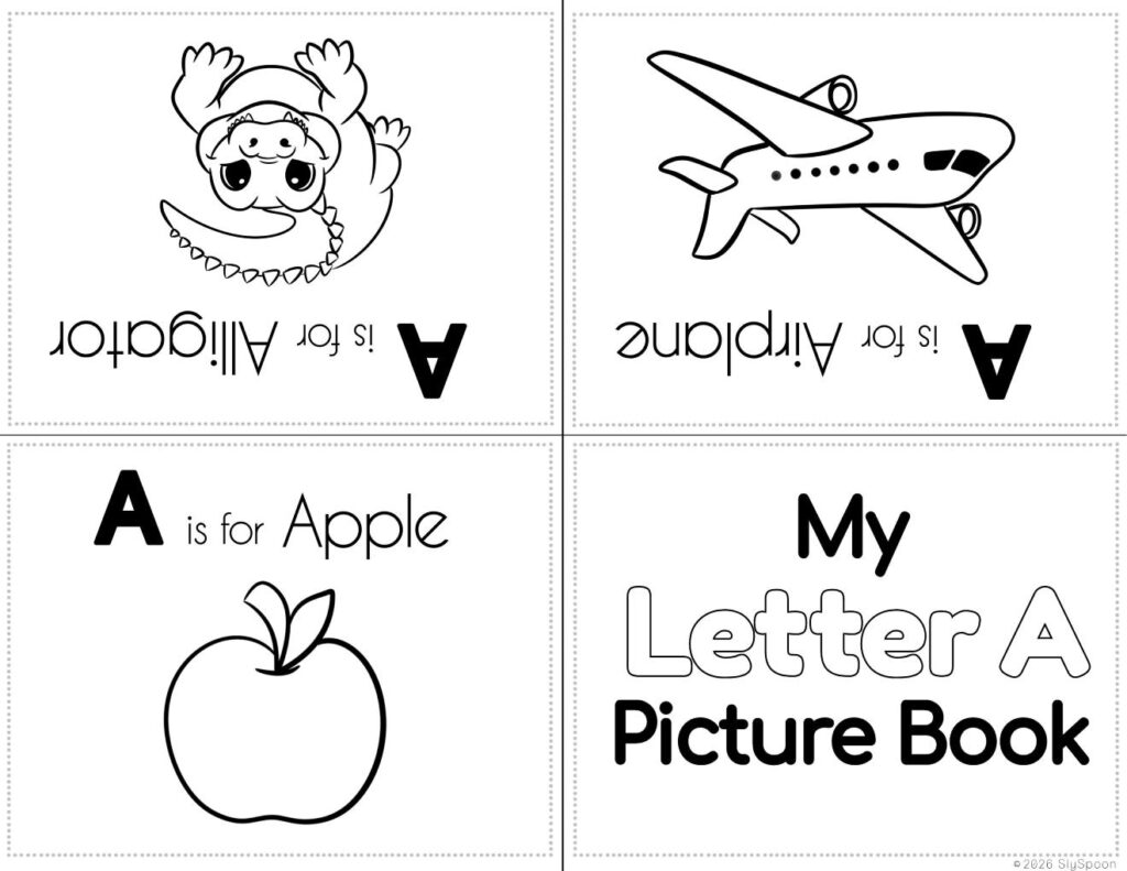 Free Printable My Letter A Picture book foldable coloring book with letter recognition help for early literacy units. Pictures include apple, airplane and an alligator