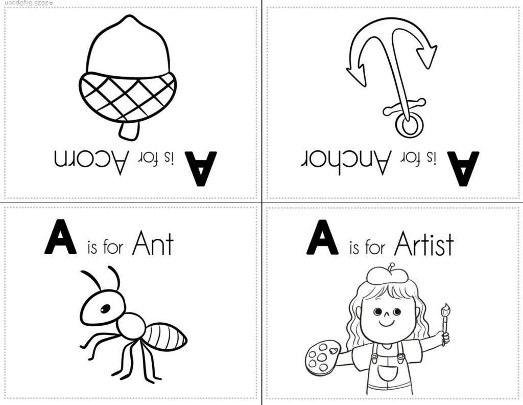 Free Printable My Letter A Picture book foldable coloring book with letter recognition help for early literacy units. Pictures include an ant, artist, acorn, and anchor in a cute clip art style