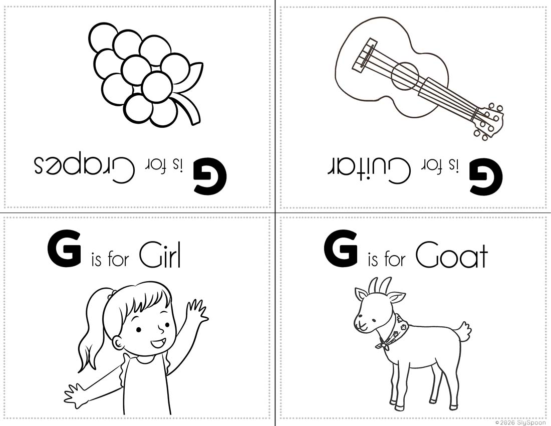 Free Printable My Letter G Picture book foldable coloring book with Letter G words in a cute clip art style