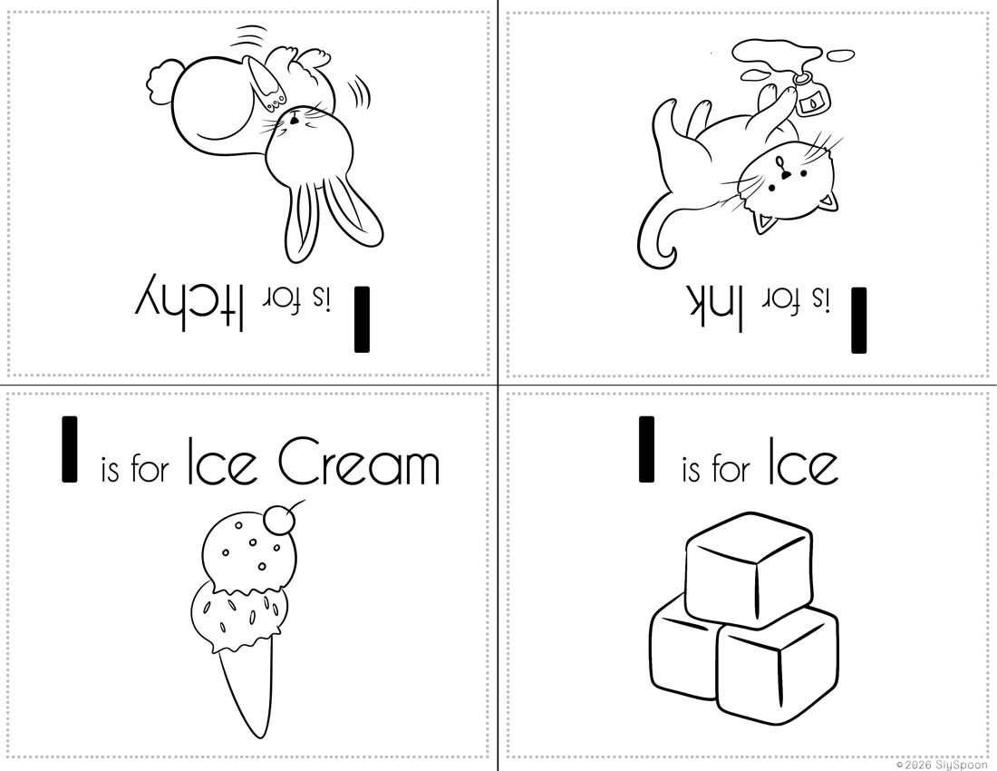 Free Printable My Letter I Picture book foldable coloring book with Letter I words in a cute clip art style