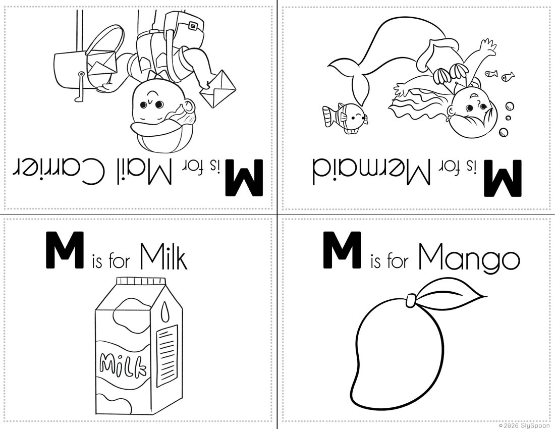 Free Printable My Letter M Picture book foldable coloring book with Letter M words in a cute clip art style