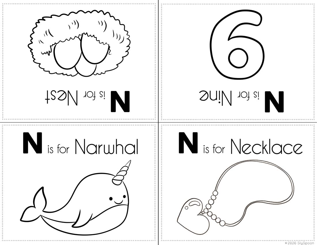 Free Printable My Letter N Picture book foldable coloring book with Letter N words in a cute clip art style
