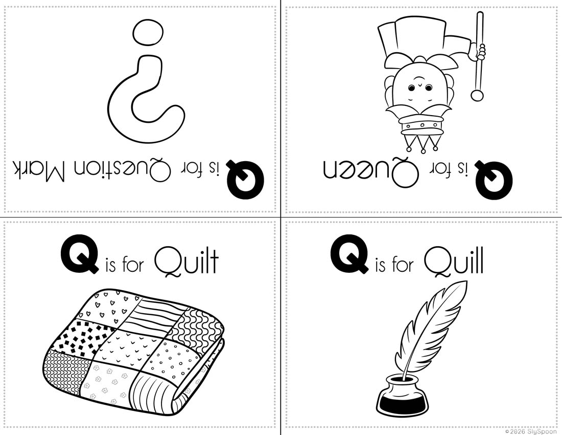Free Printable My Letter Q Picture book foldable coloring book with Letter Q words in a cute clip art style