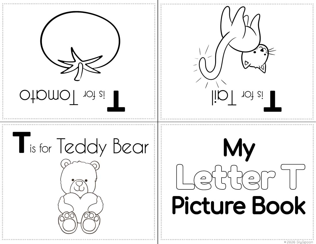 Free Printable My Letter T Picture book foldable coloring book with letter recognition help for early literacy units