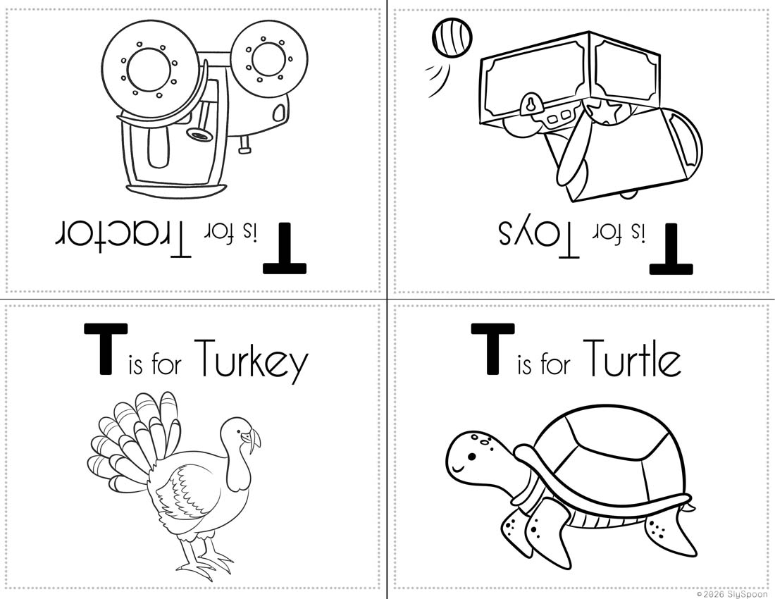 Free Printable My Letter T Picture book foldable coloring book with Letter T words in a cute clip art style