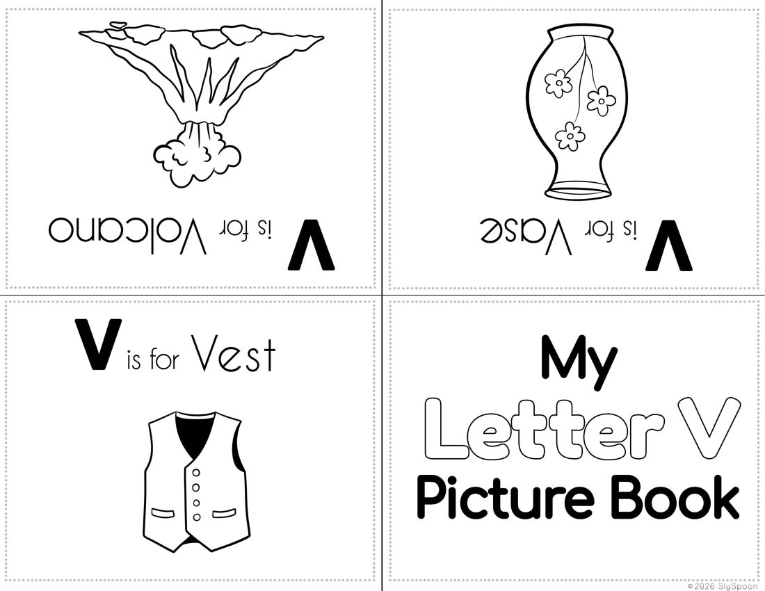 Free Printable My Letter V Picture book foldable coloring book with letter recognition help for early literacy units