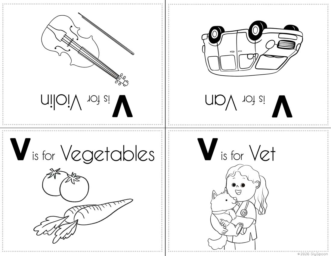 Free Printable My Letter V Picture book foldable coloring book with Letter V words in a cute clip art style