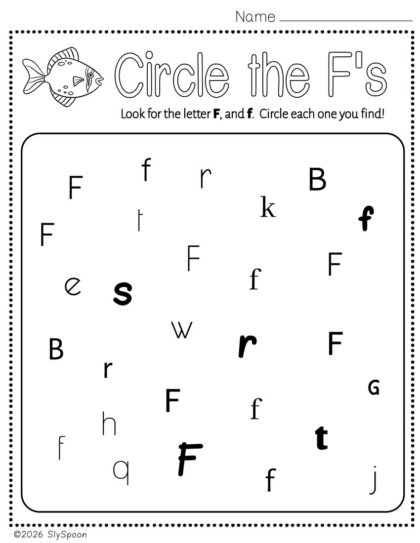 Free Printable Letter F Practice Circle All the F's while practicing recognizing the letter in different fonts