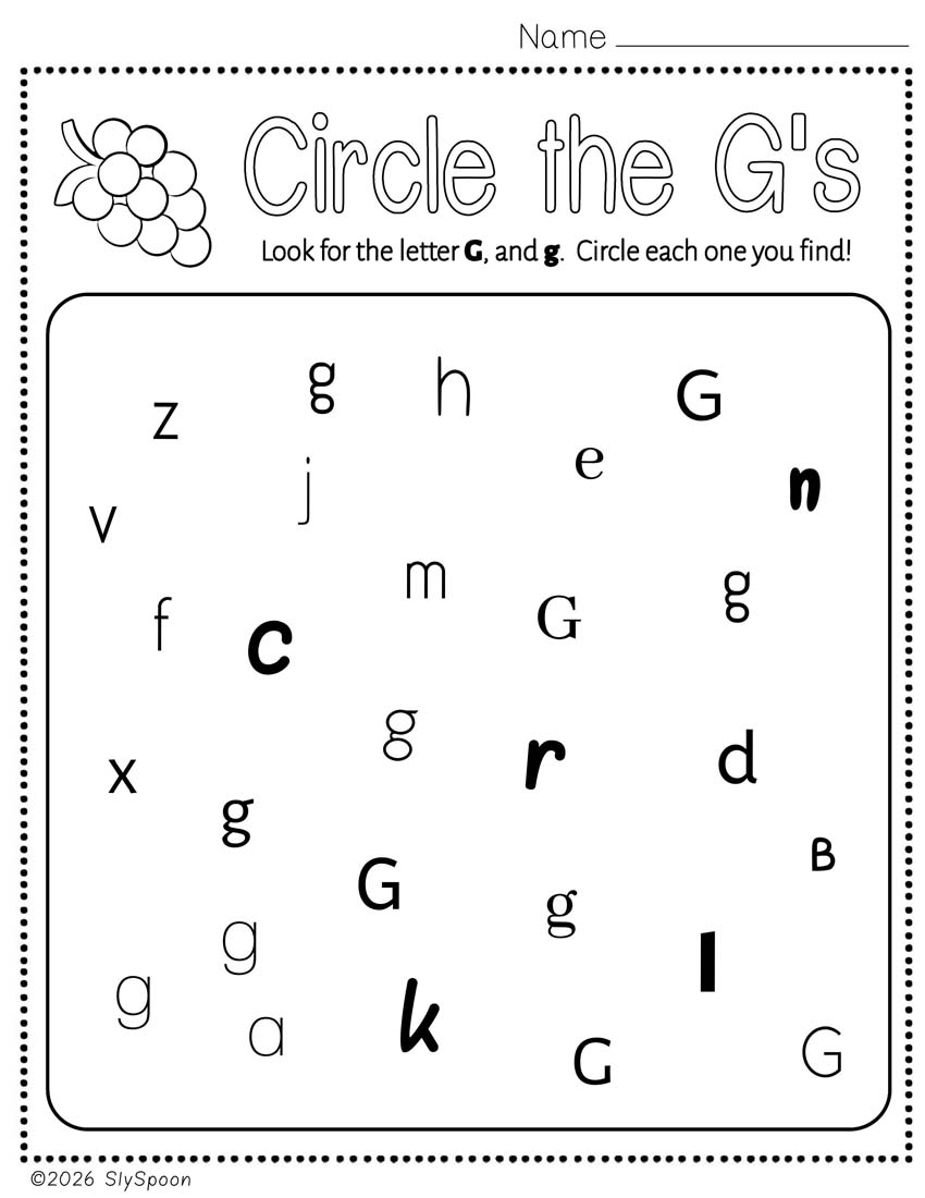 Free Printable Letter G Practice Circle All the G's while practicing recognizing the letter in different fonts