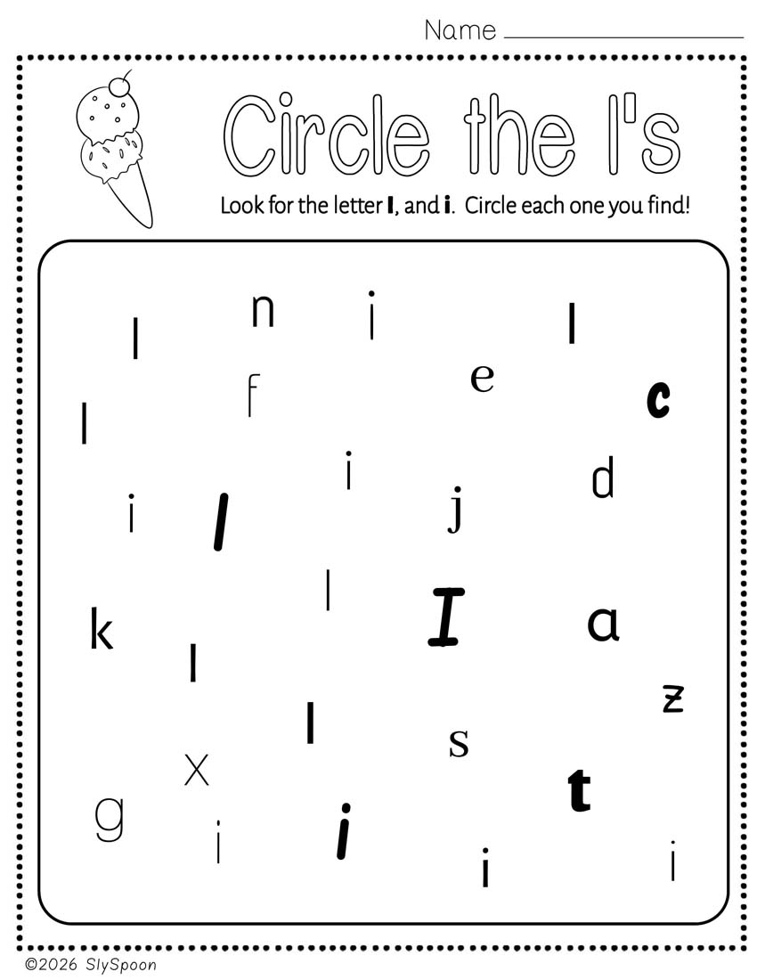 Free Printable Letter I Practice Circle All the I's while practicing recognizing the letter in different fonts