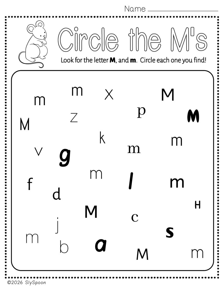Free Printable Letter M Practice Circle All the M's while practicing recognizing the letter in different fonts