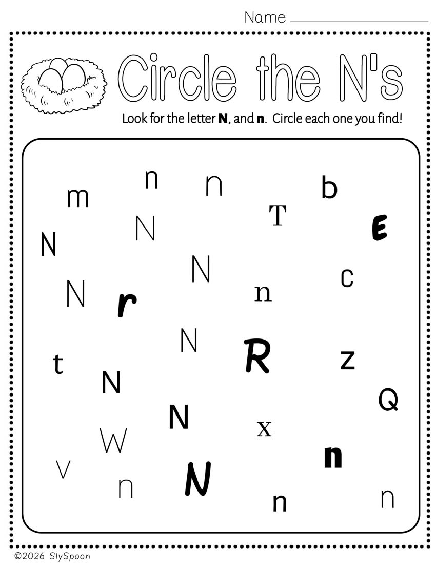 Free Printable Letter N Practice Circle All the N's while practicing recognizing the letter in different fonts