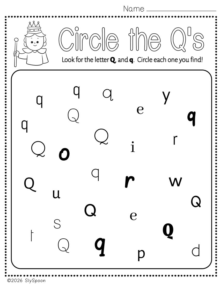Free Printable Letter Q Practice Circle All the Q's while practicing recognizing the letter in different fonts