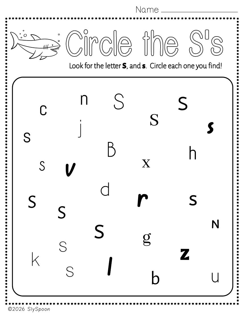 Free Printable Letter S Practice Circle All the S's while practicing recognizing the letter in different fonts
