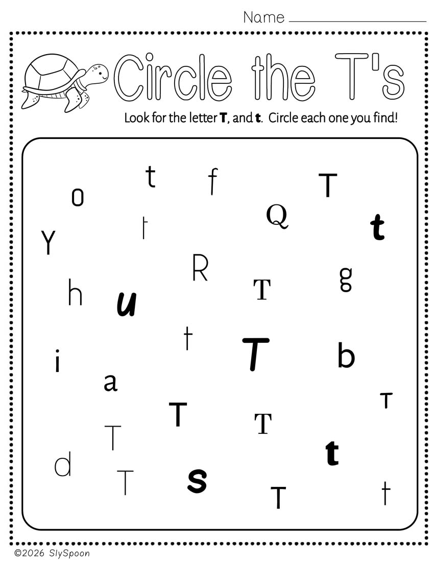 Free Printable Letter T Practice Circle All the T's while practicing recognizing the letter in different fonts