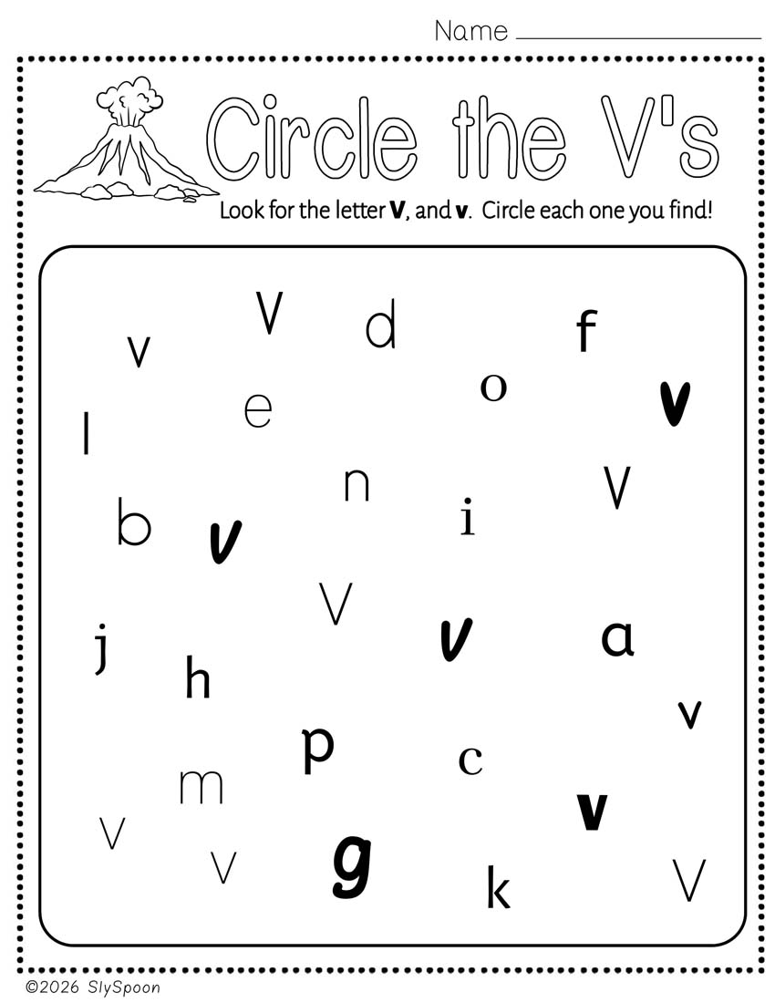 Free Printable Letter V Practice Circle All the V's while practicing recognizing the letter in different fonts