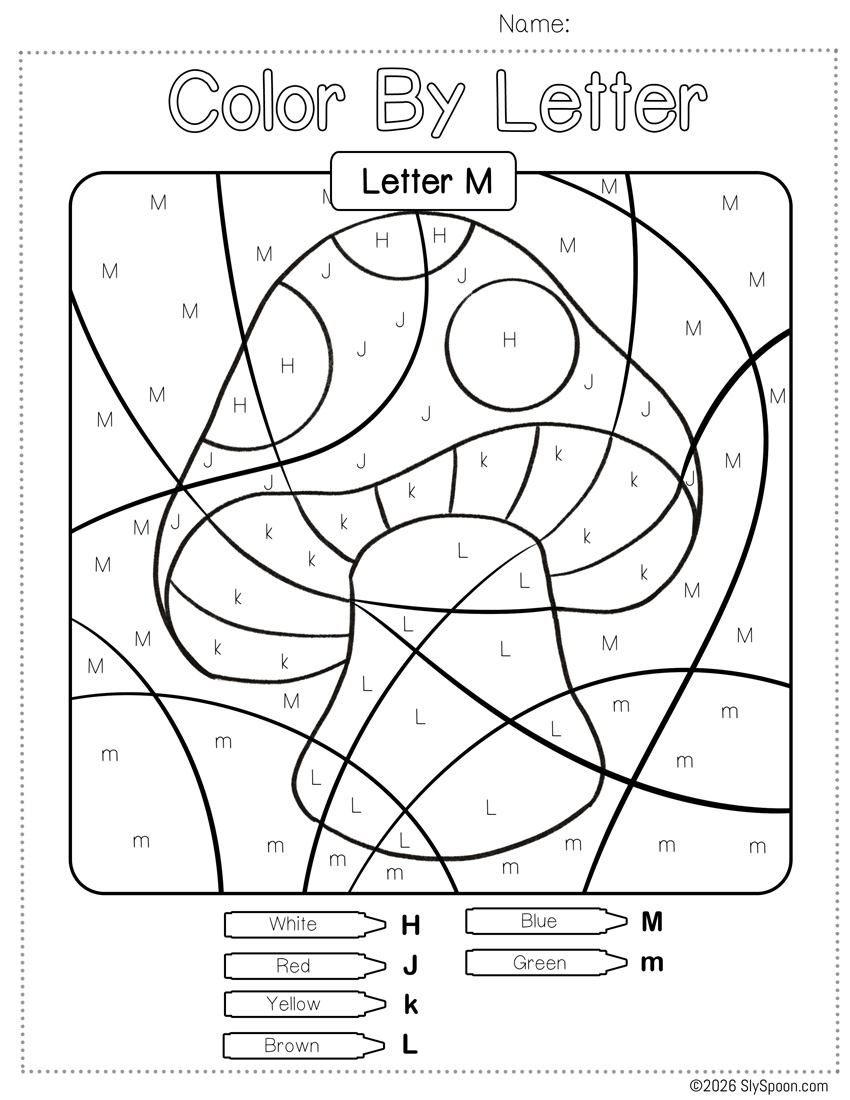 Free Printable Easy Letter M activity idea - Color By Number Color by Letter M Worksheet featuring a picture of a Mushroom. Help practice spotting upper and lowercase Letter M