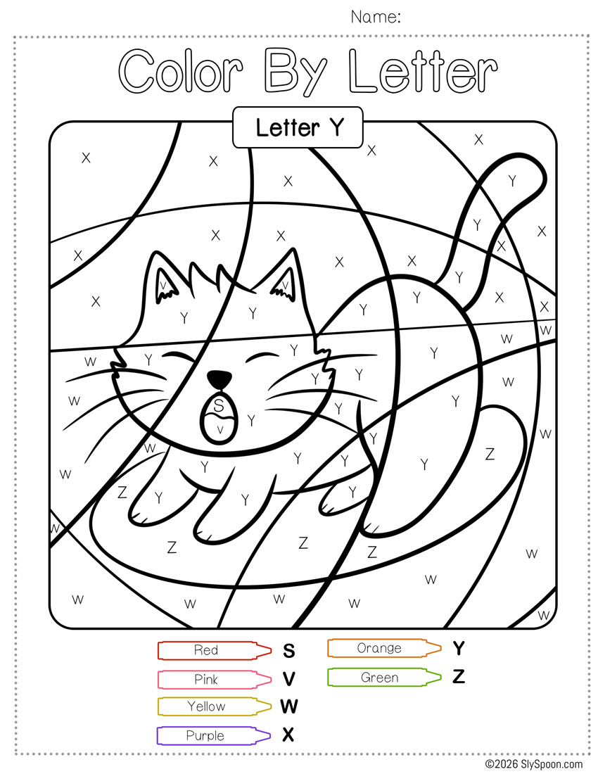 Free Printable Easy Letter Y activity idea - Color By Number Color by Letter Y Worksheet featuring a picture of a Yawning Cat. Help practice spotting upper and lowercase Letter Y