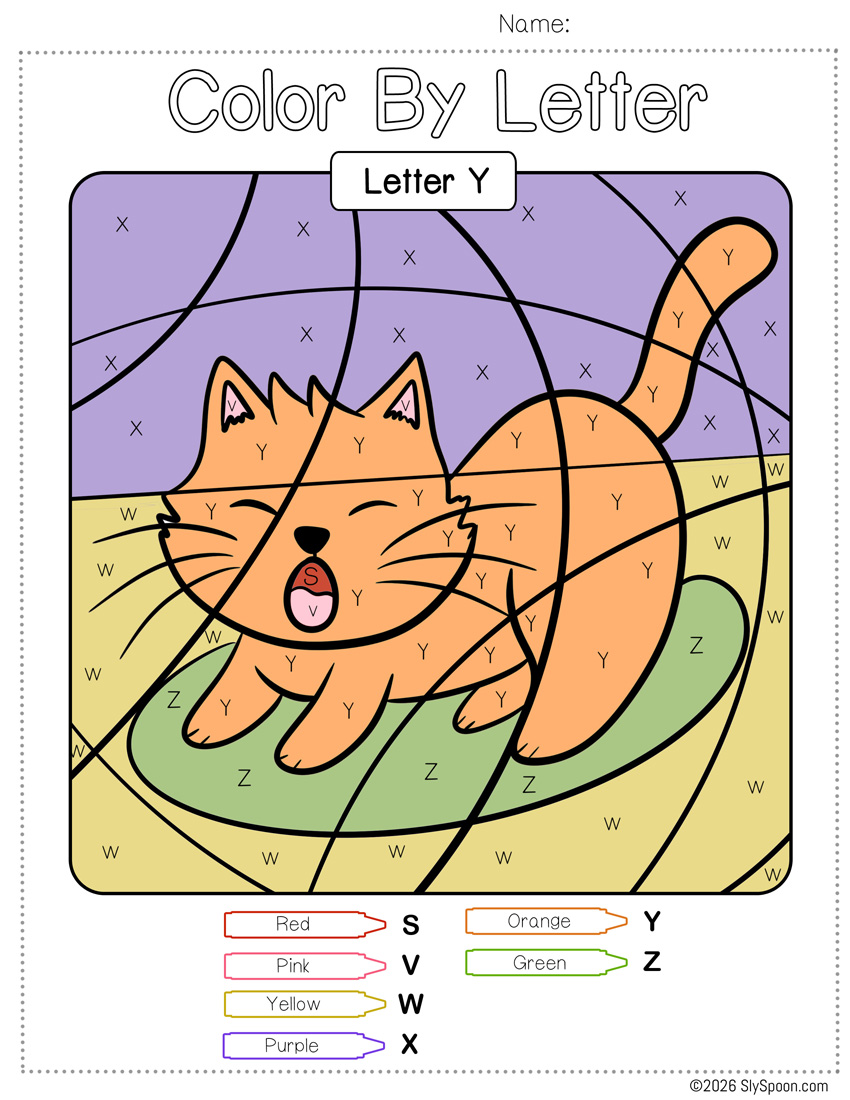 Free Printable Easy Letter Y activity idea - Color By Number Color by Letter Y Worksheet featuring a picture of a Yawning Cat. Help practice spotting upper and lowercase Letter Y
