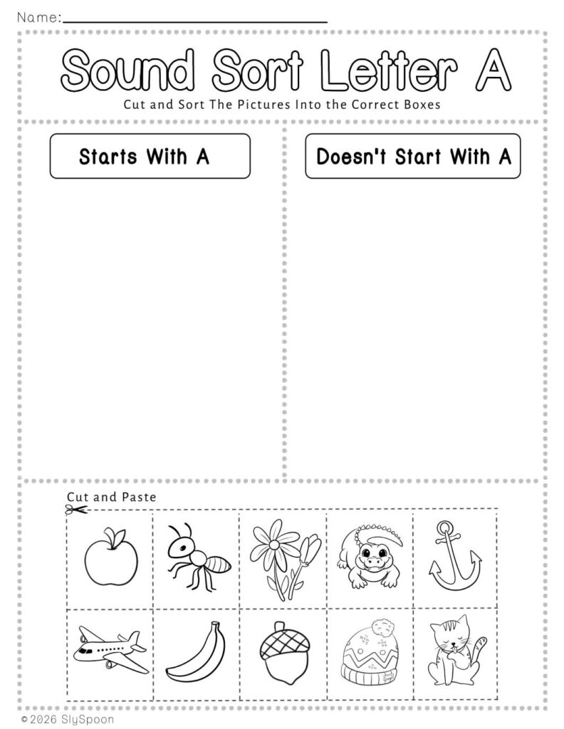 Free Printable Learning Letter Sound Sort Cut and Paste Activity Worksheet with two columns to sort pictures that start with letter a and those that don't start with letter a