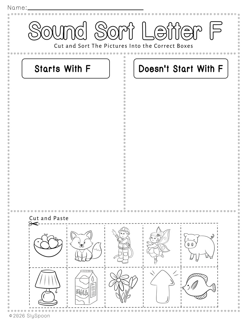 Free Printable Learning Letter Sound Sort Cut and Paste Activity Worksheet with two columns to sort pictures that start with letter f and those that don't start with letter f