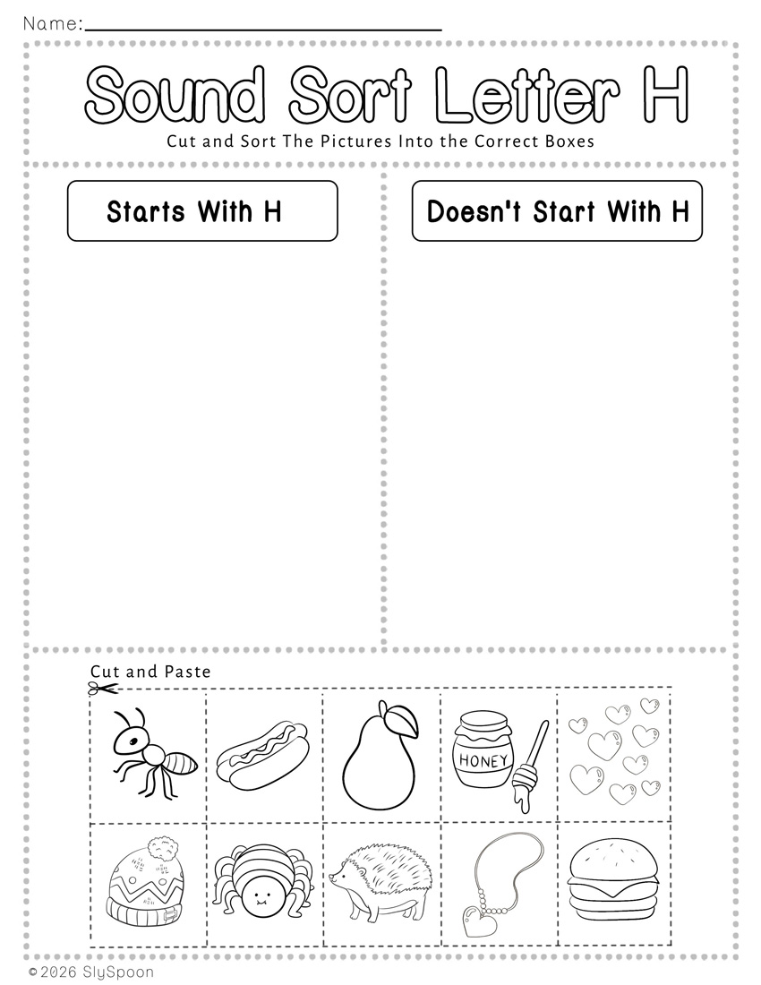 Free Printable Learning Letter Sound Sort Cut and Paste Activity Worksheet with two columns to sort pictures that start with letter h and those that don't start with letter h