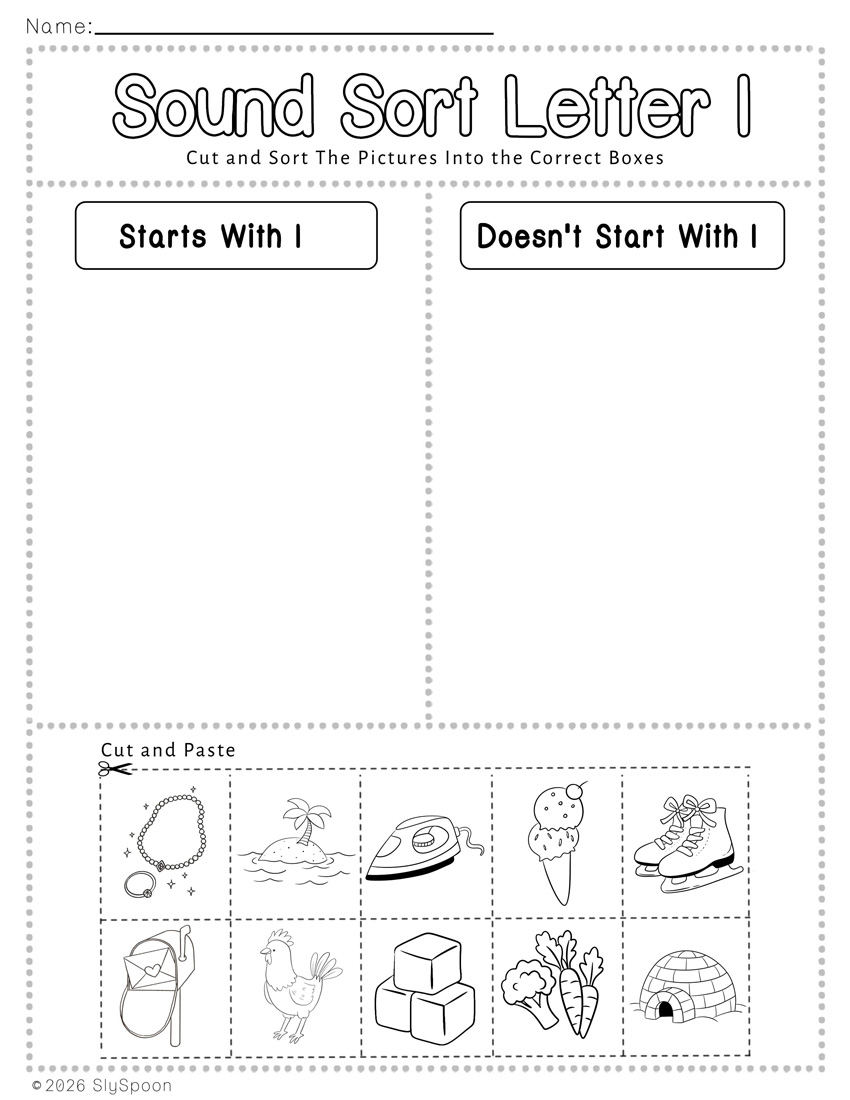 Free Printable Learning Letter Sound Sort Cut and Paste Activity Worksheet with two columns to sort pictures that start with letter i and those that don't start with letter i
