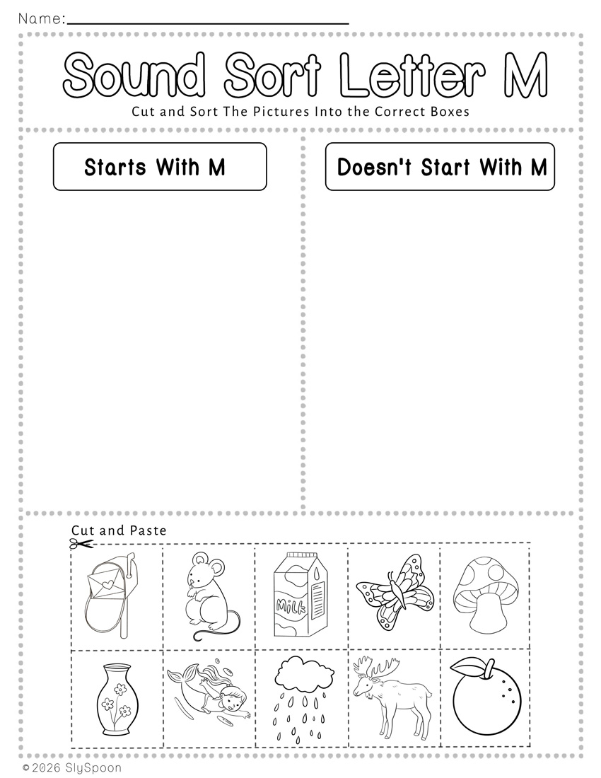 Free Printable Learning Letter Sound Sort Cut and Paste Activity Worksheet with two columns to sort pictures that start with letter m and those that don't start with letter m